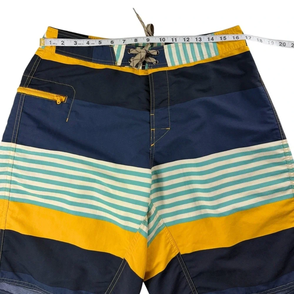 Patagonia Mens 34 Board Shorts Blue Yellow Striped Nylon Mesh Lined Swim Trunks